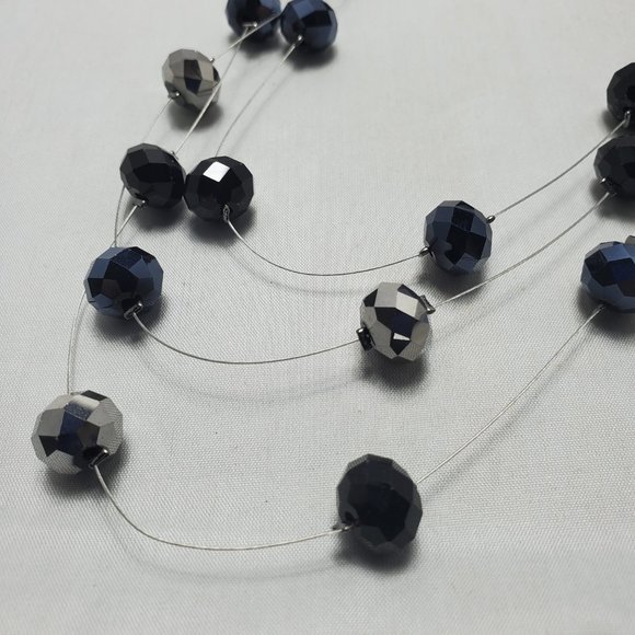 pewter ,silver beaded with silver chain 3 row illusion necklace - Picture 4 of 6